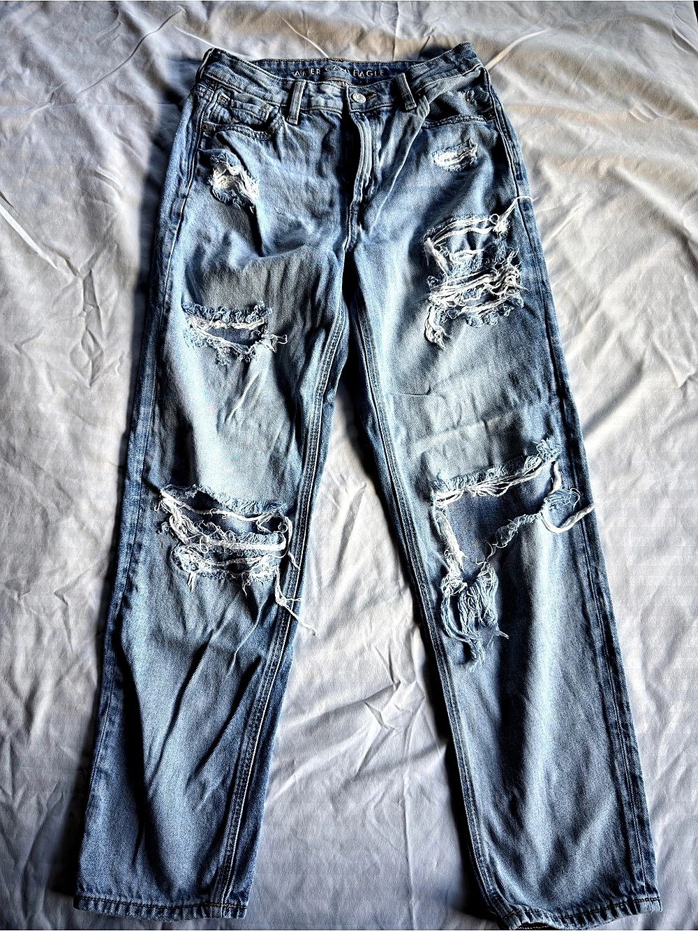 American Eagle Mom Straight Jean Distressed Blue Jeans Waist 2